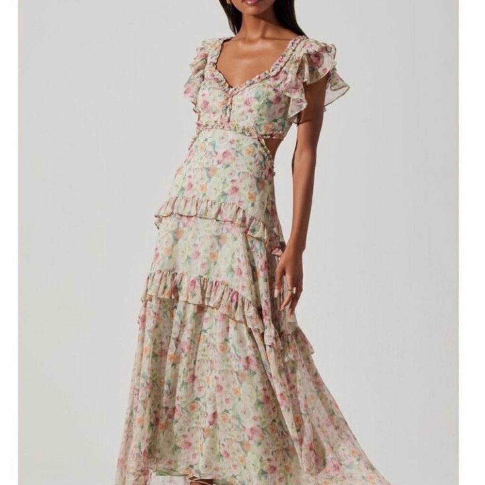 Astr Floral Ruffle Maxi Dress in Soft Pink and Cream